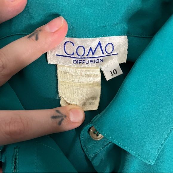 Teal Vintage Silky Button Down Blouse Shirt - Picture 7 of 7